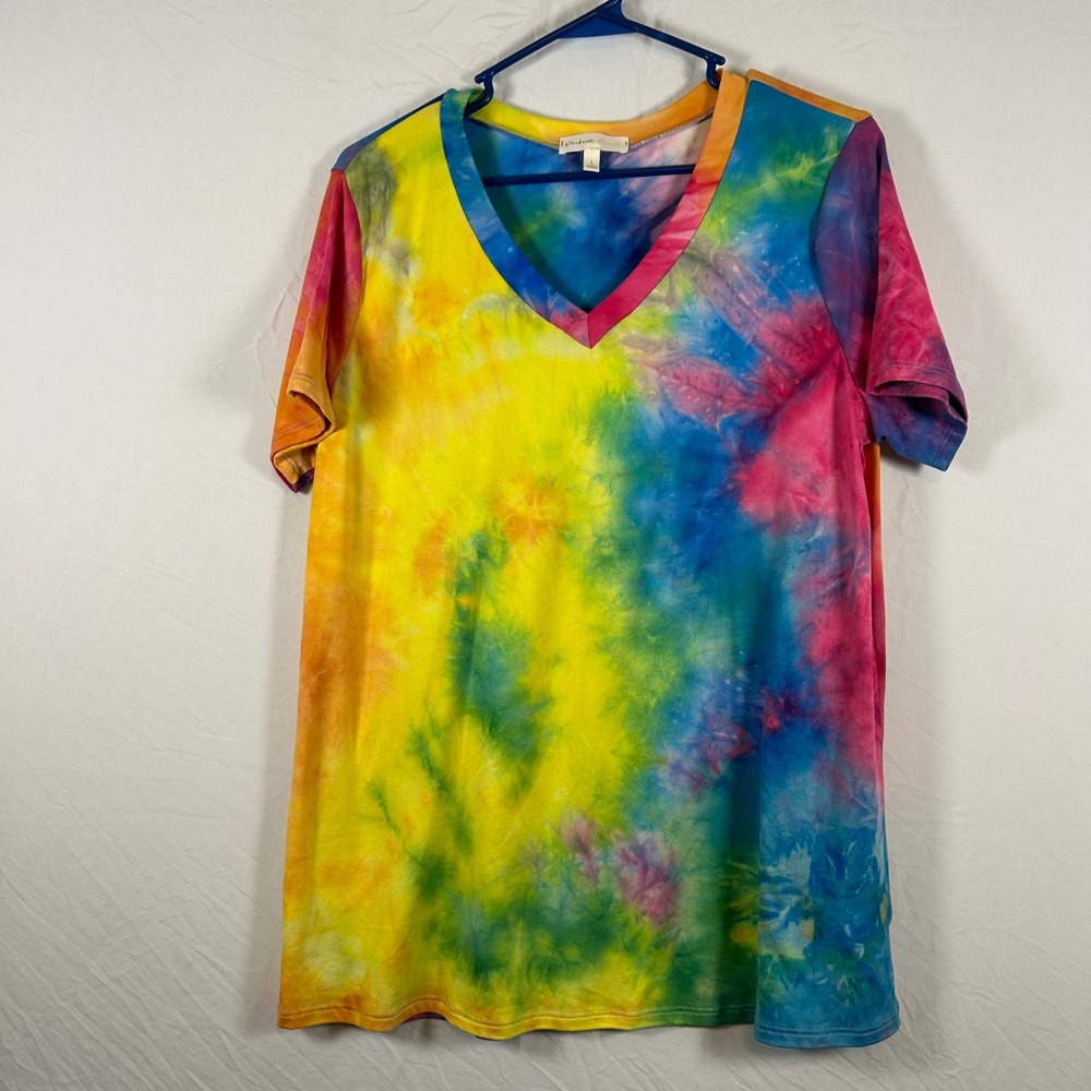 Perfect Peach Womens Large Rainbow Tie Dye V-Neck Short Sleeve T-Shirt Colorful